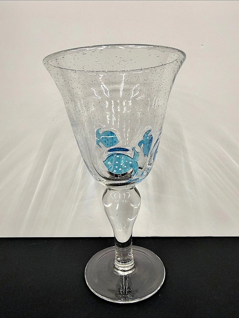 Handmade Art Glass Goblet Blue Tropical Fish Applied Design Bubble Glass Chalice